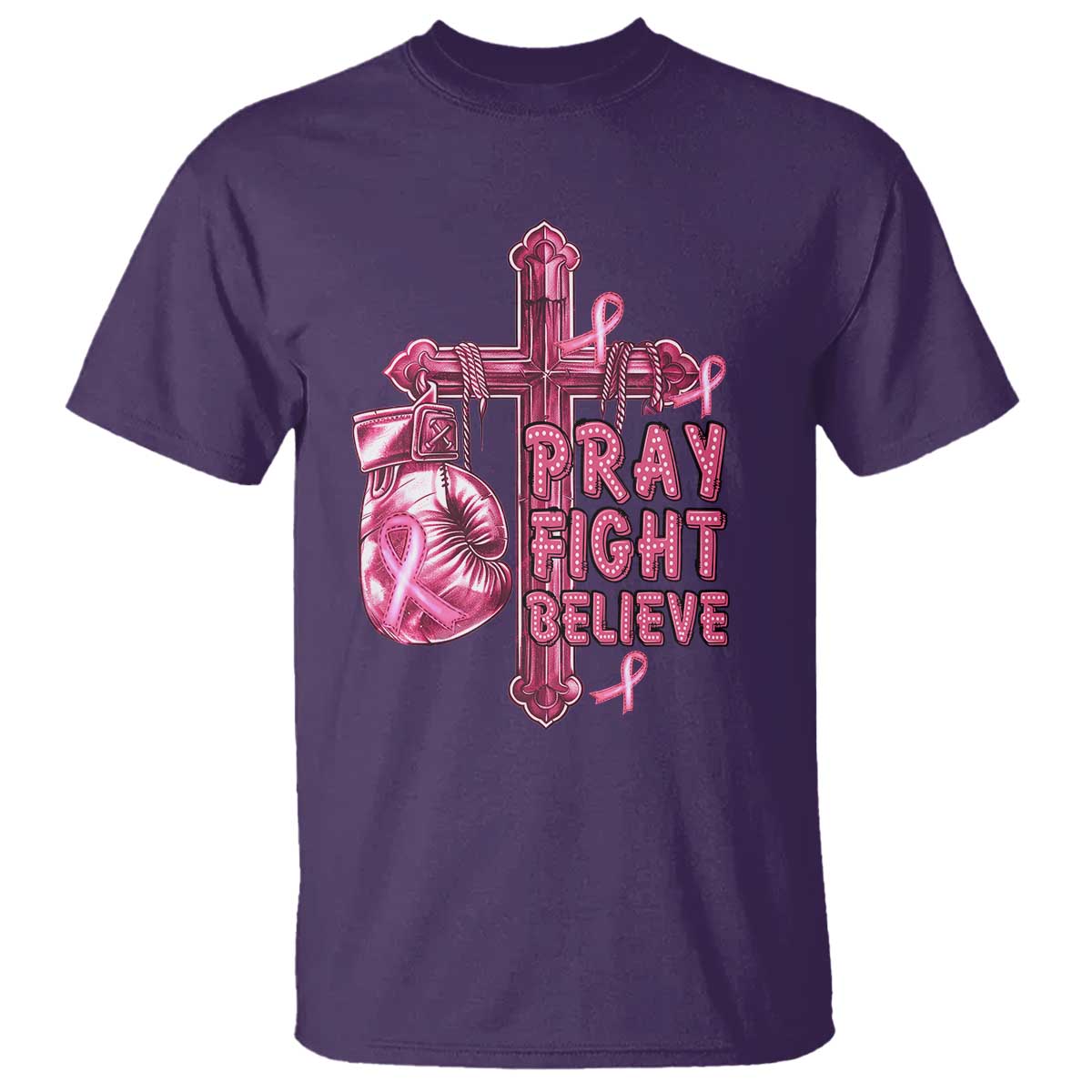 Breast Cancer Support T Shirt Pray Fight Believe Boxing Glove Cross Pink Ribbon