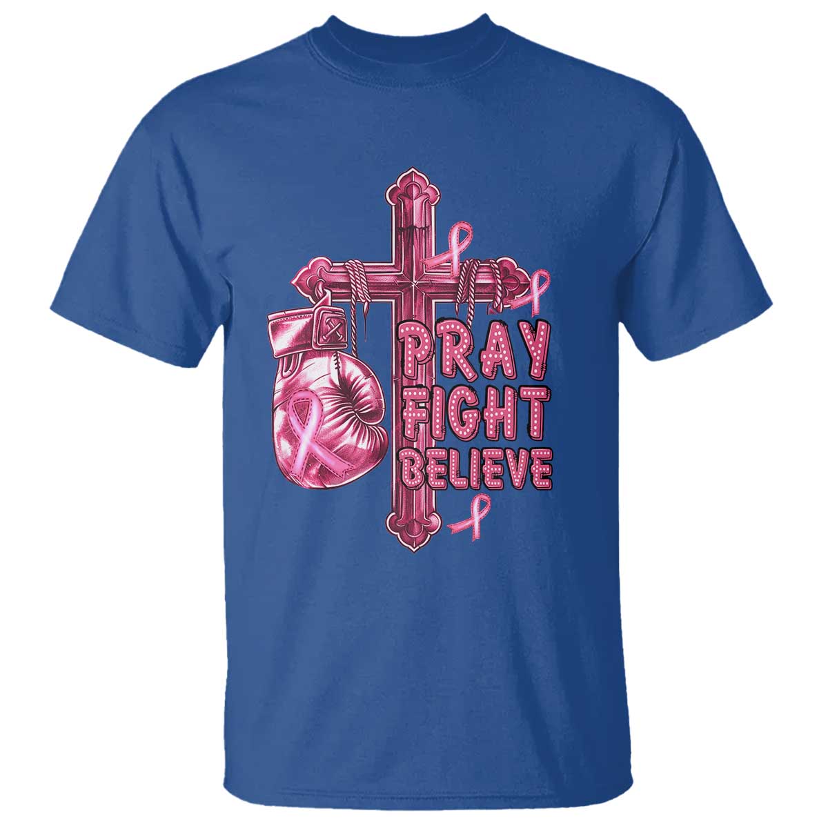 Breast Cancer Support T Shirt Pray Fight Believe Boxing Glove Cross Pink Ribbon