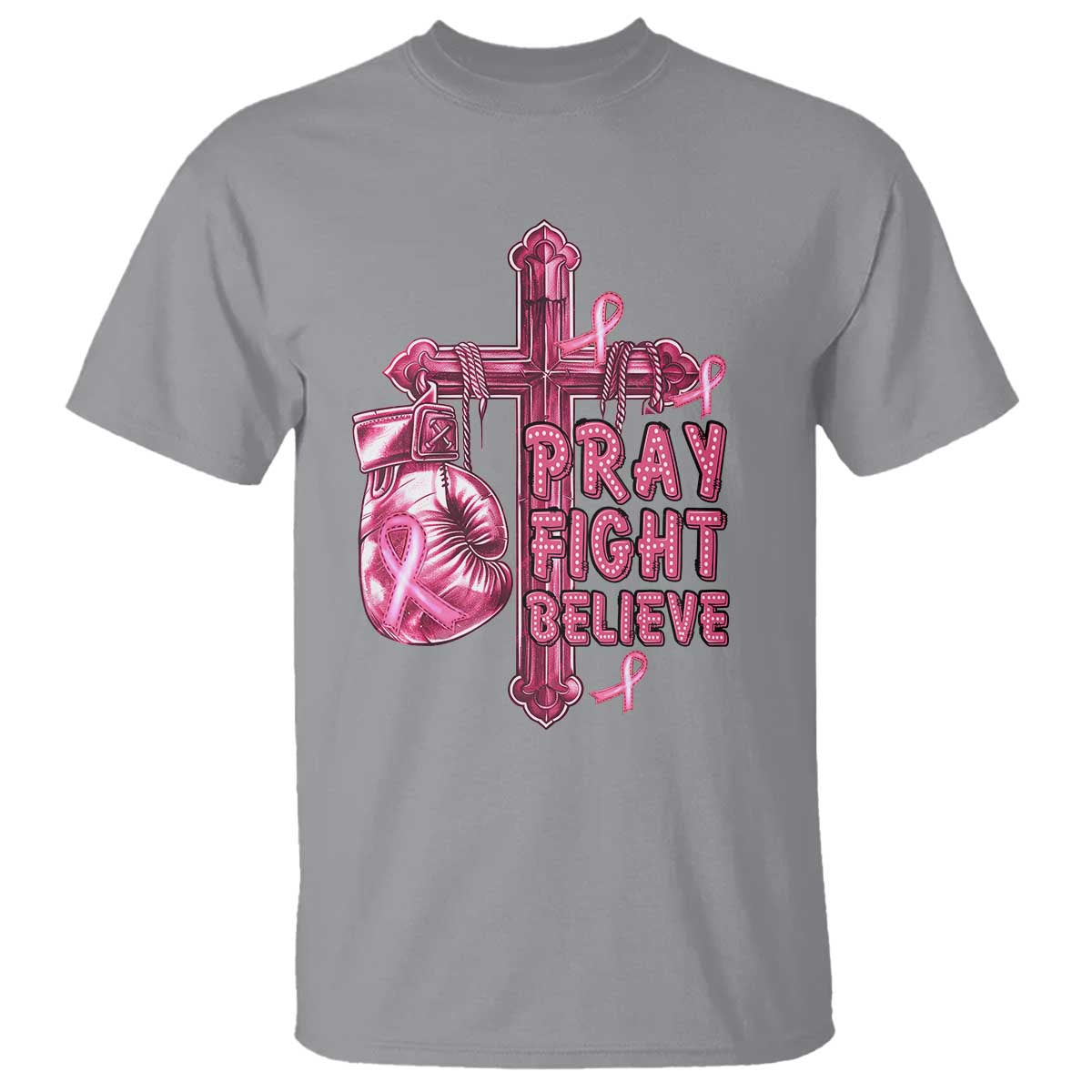 Breast Cancer Support T Shirt Pray Fight Believe Boxing Glove Cross Pink Ribbon