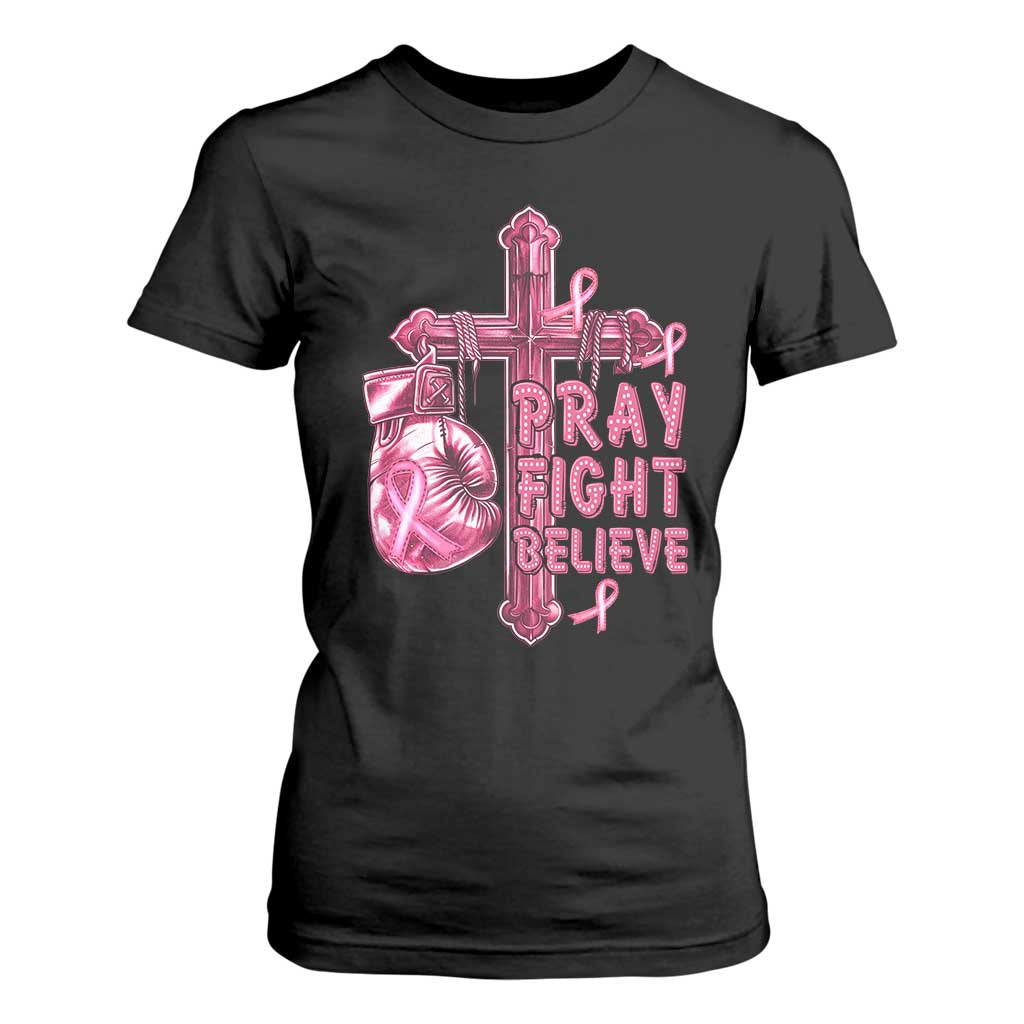 Breast Cancer Support T Shirt For Women Pray Fight Believe Boxing Glove Cross Pink Ribbon