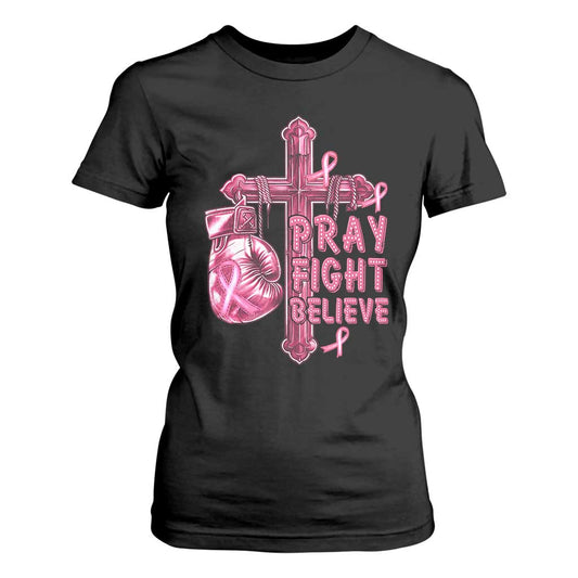 Breast Cancer Support T Shirt For Women Pray Fight Believe Boxing Glove Cross Pink Ribbon