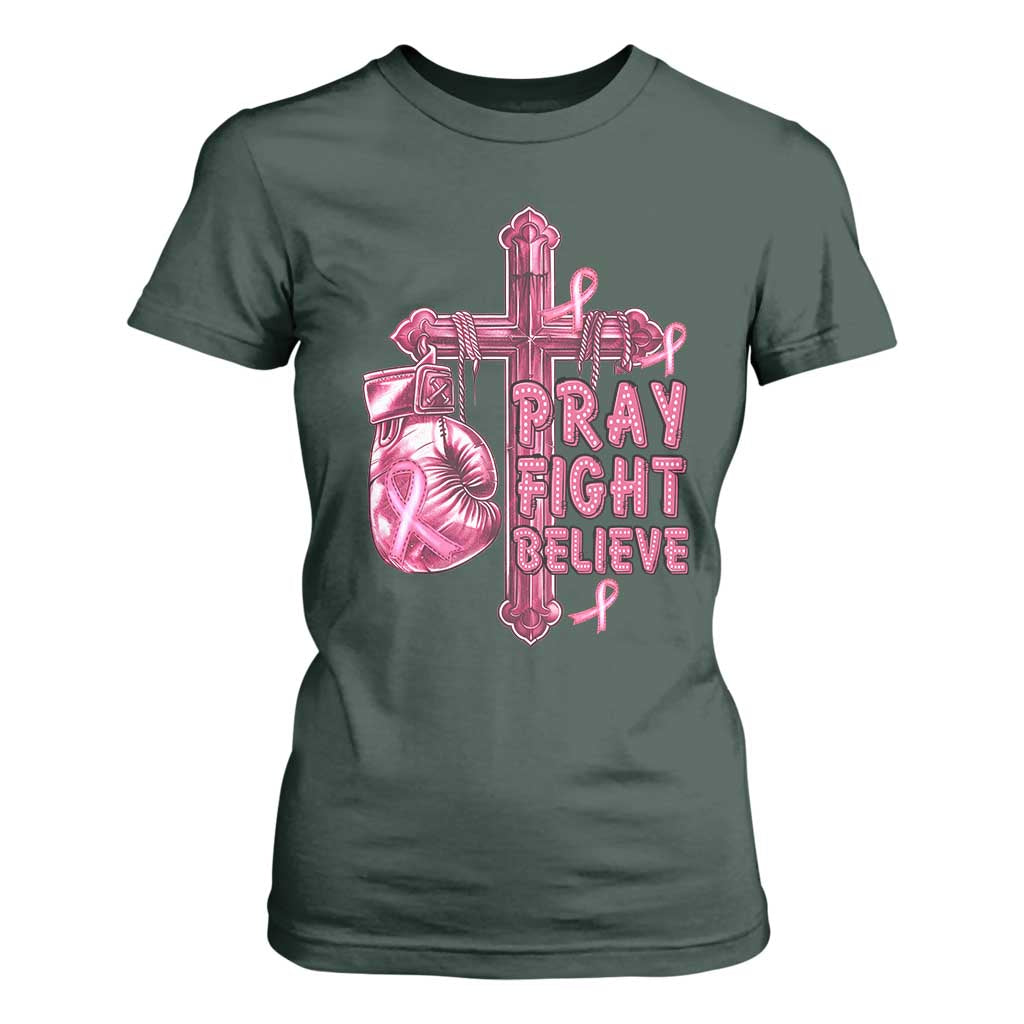 Breast Cancer Support T Shirt For Women Pray Fight Believe Boxing Glove Cross Pink Ribbon