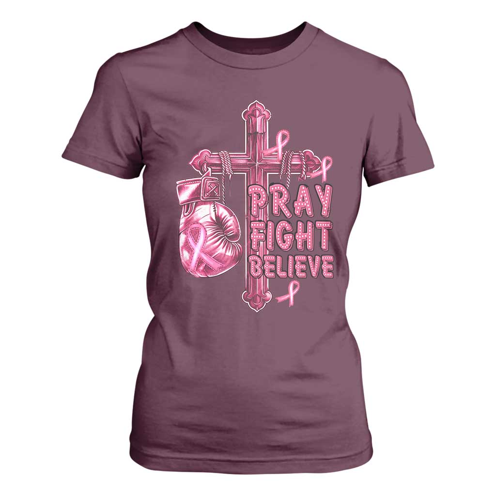 Breast Cancer Support T Shirt For Women Pray Fight Believe Boxing Glove Cross Pink Ribbon