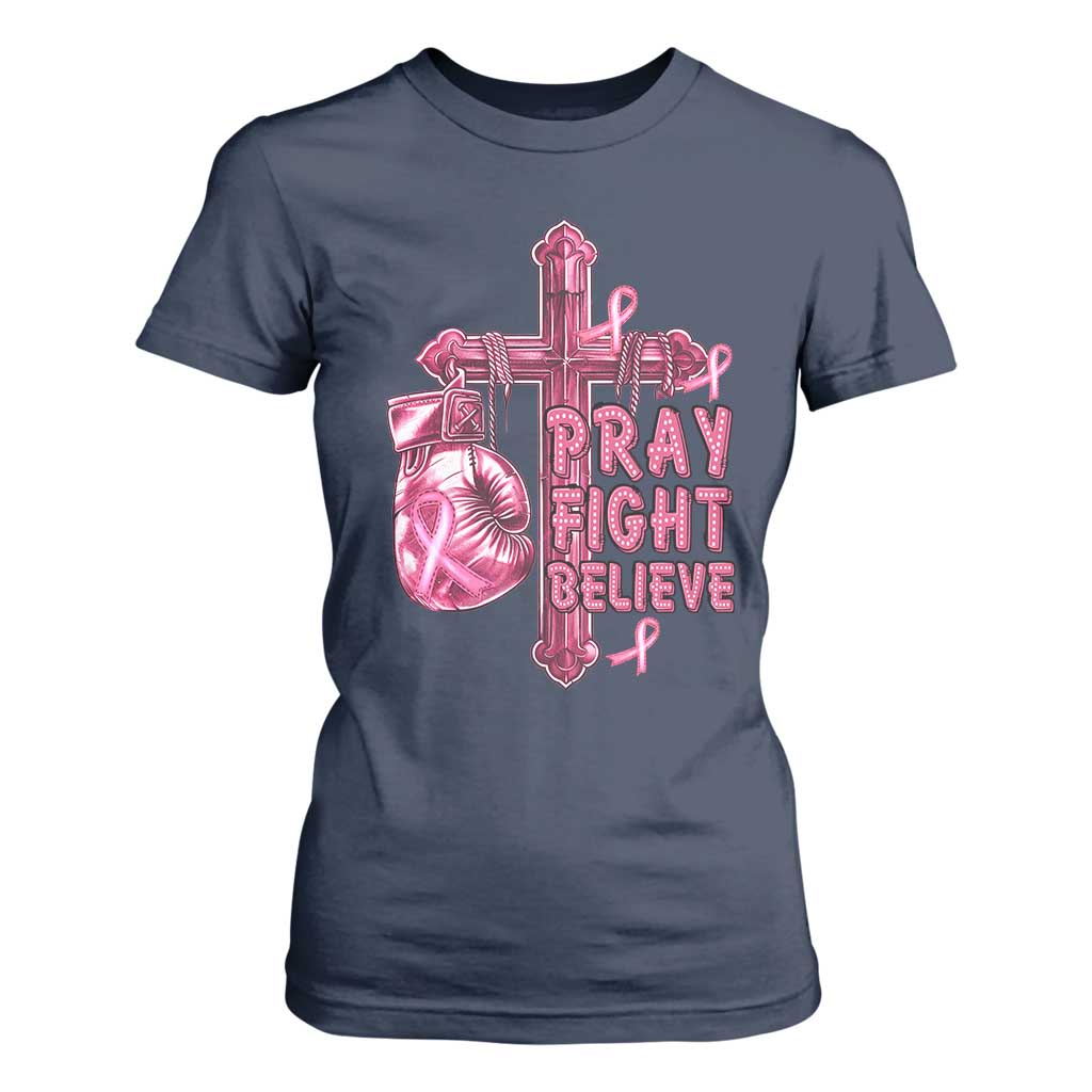 Breast Cancer Support T Shirt For Women Pray Fight Believe Boxing Glove Cross Pink Ribbon