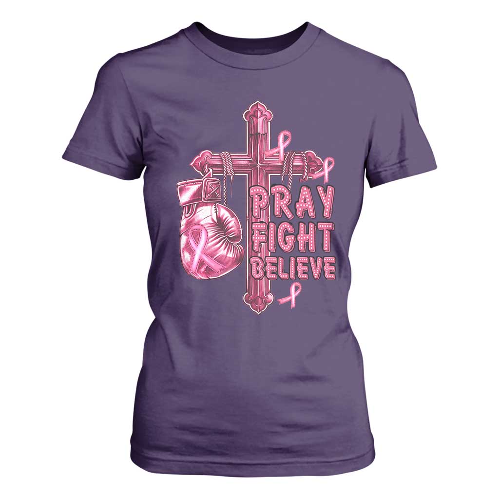 Breast Cancer Support T Shirt For Women Pray Fight Believe Boxing Glove Cross Pink Ribbon