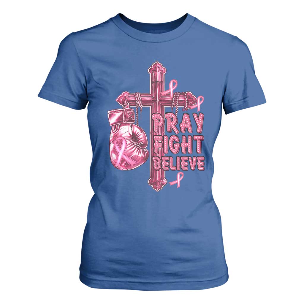 Breast Cancer Support T Shirt For Women Pray Fight Believe Boxing Glove Cross Pink Ribbon