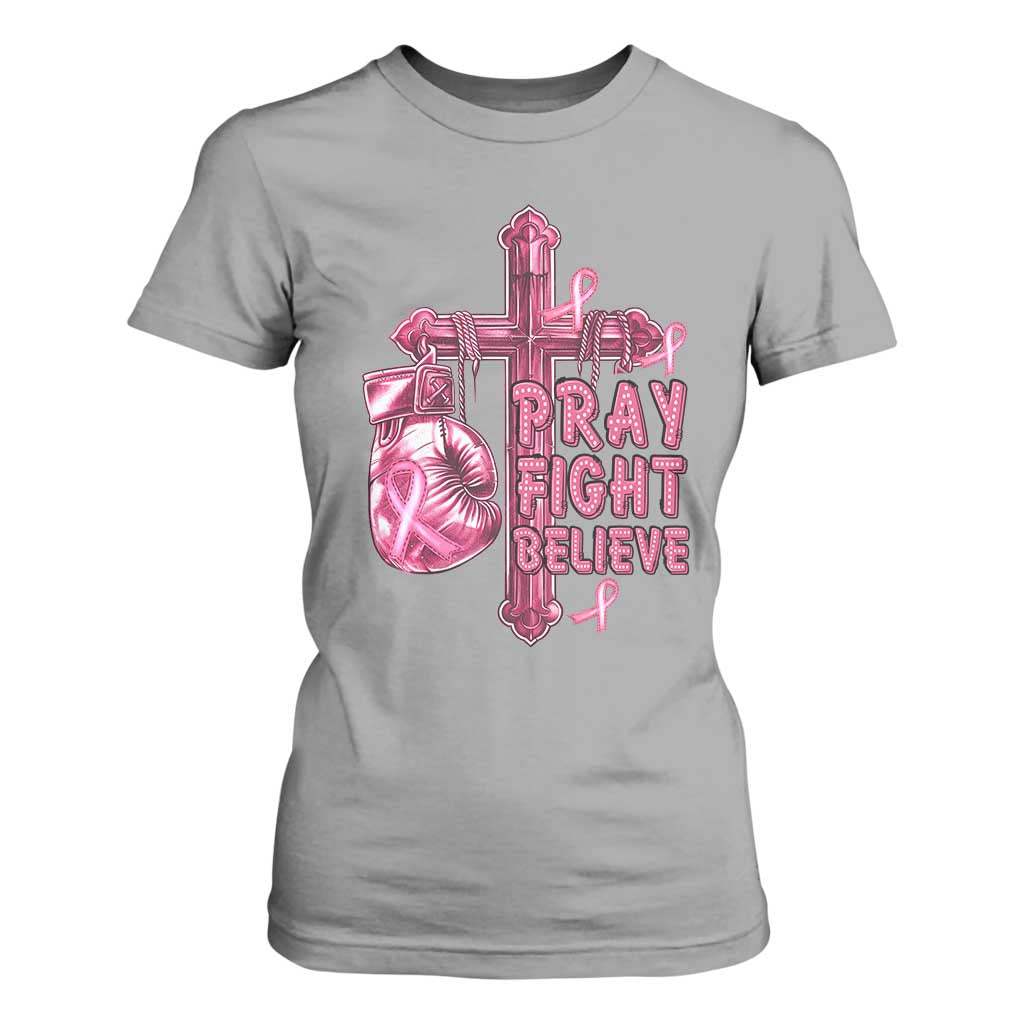 Breast Cancer Support T Shirt For Women Pray Fight Believe Boxing Glove Cross Pink Ribbon