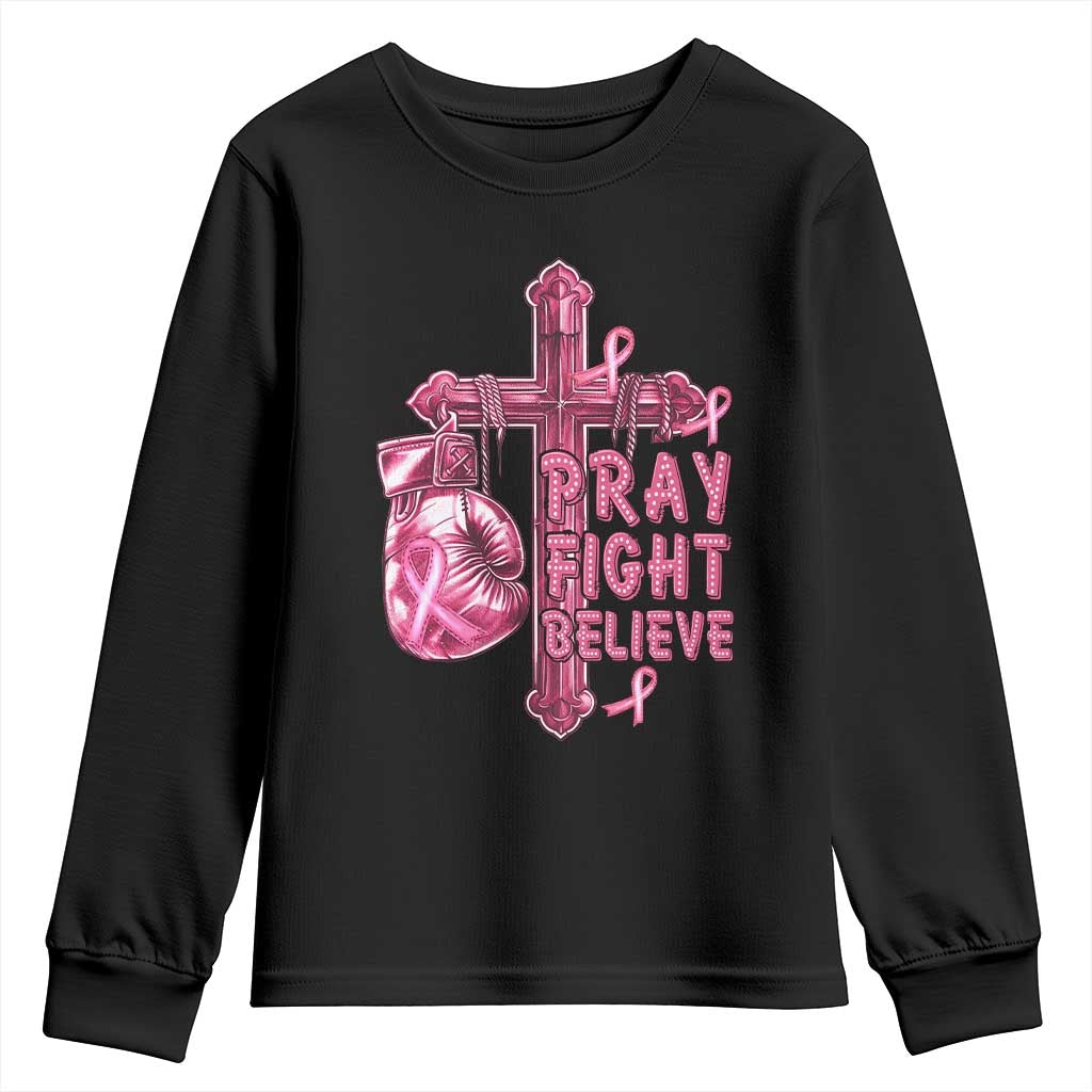 Breast Cancer Support Youth Sweatshirt Pray Fight Believe Boxing Glove Cross Pink Ribbon