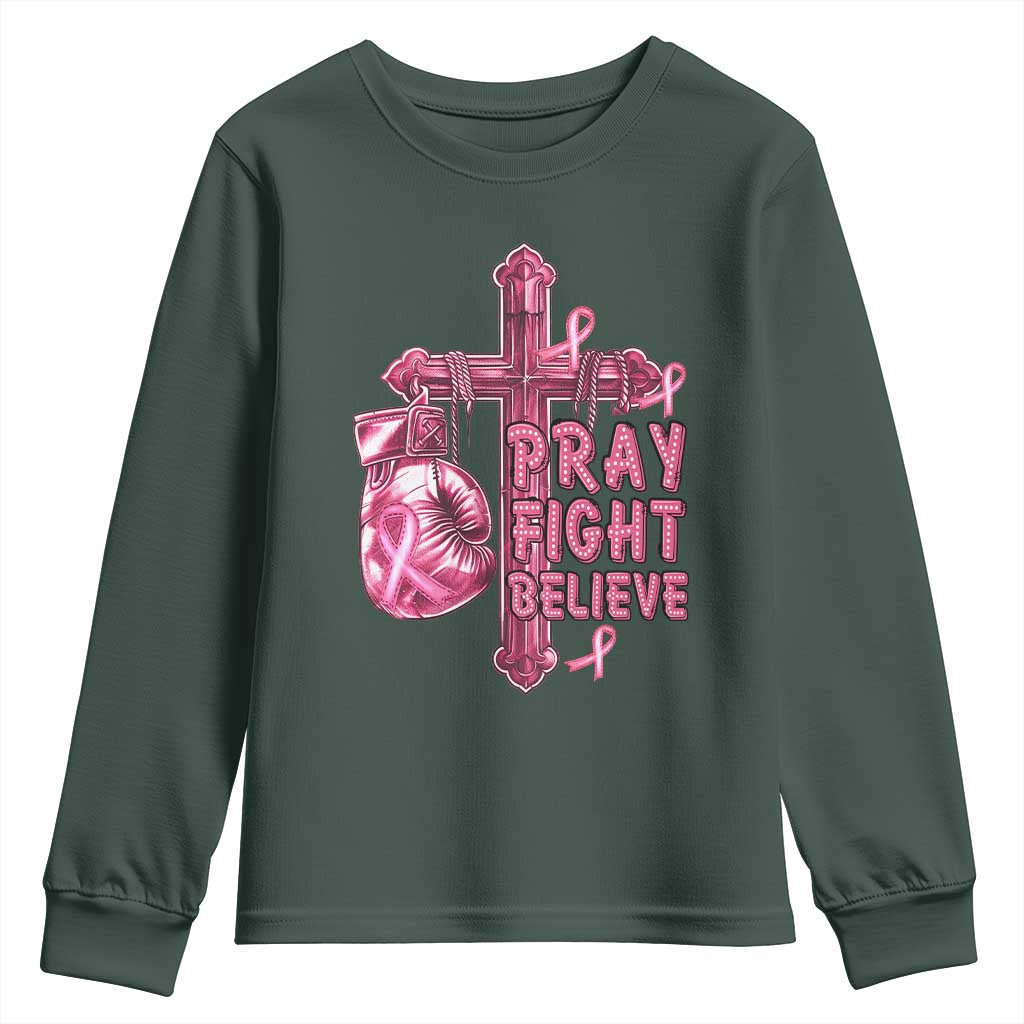 Breast Cancer Support Youth Sweatshirt Pray Fight Believe Boxing Glove Cross Pink Ribbon