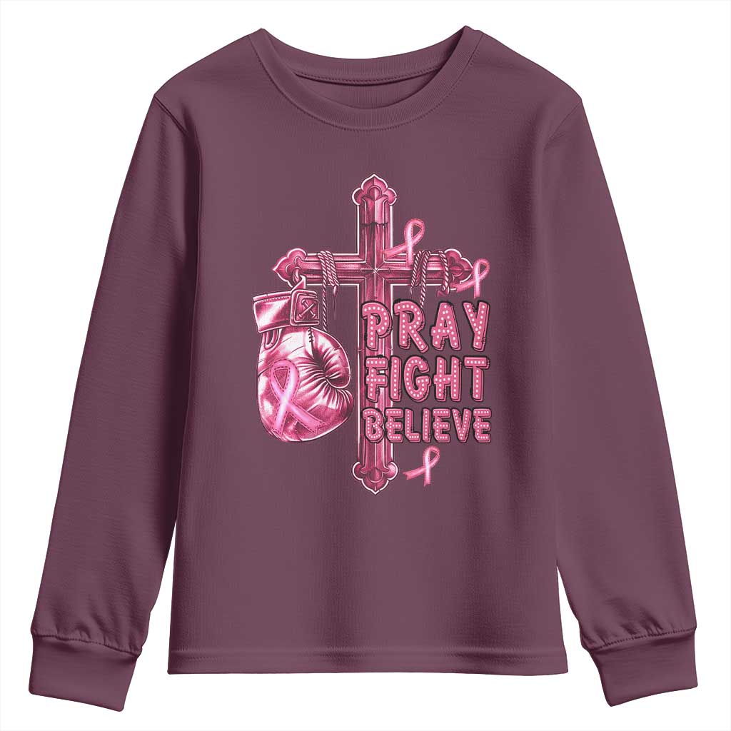 Breast Cancer Support Youth Sweatshirt Pray Fight Believe Boxing Glove Cross Pink Ribbon