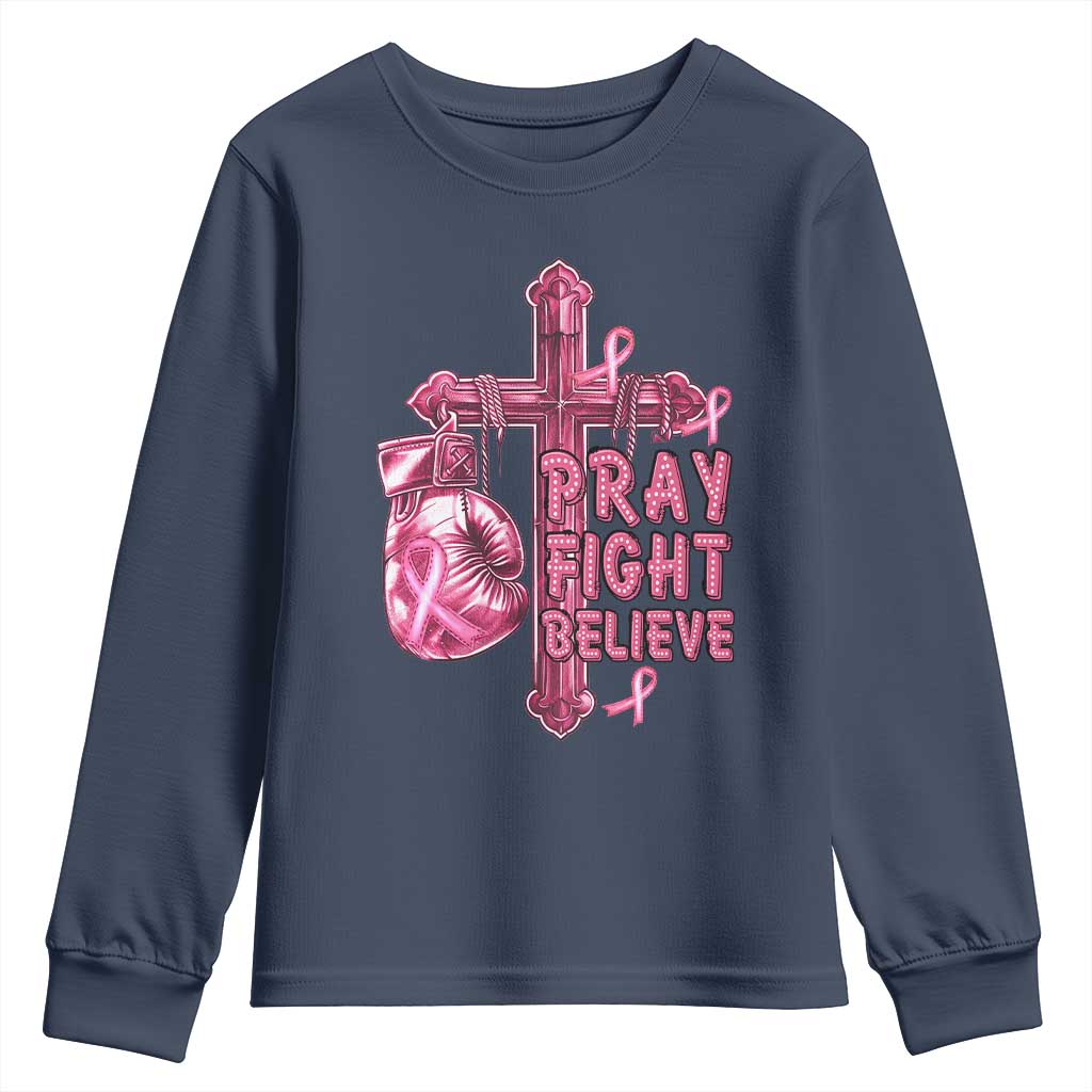 Breast Cancer Support Youth Sweatshirt Pray Fight Believe Boxing Glove Cross Pink Ribbon