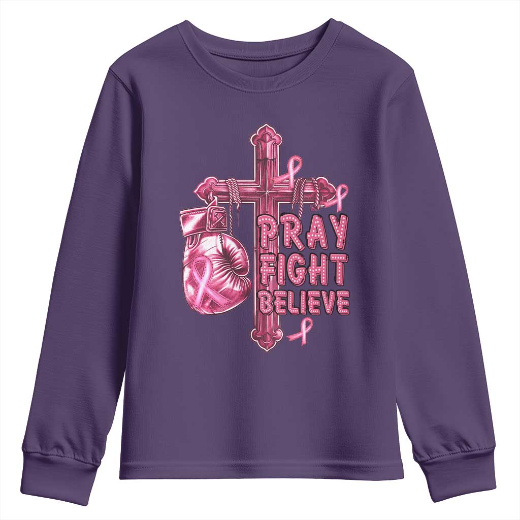Breast Cancer Support Youth Sweatshirt Pray Fight Believe Boxing Glove Cross Pink Ribbon