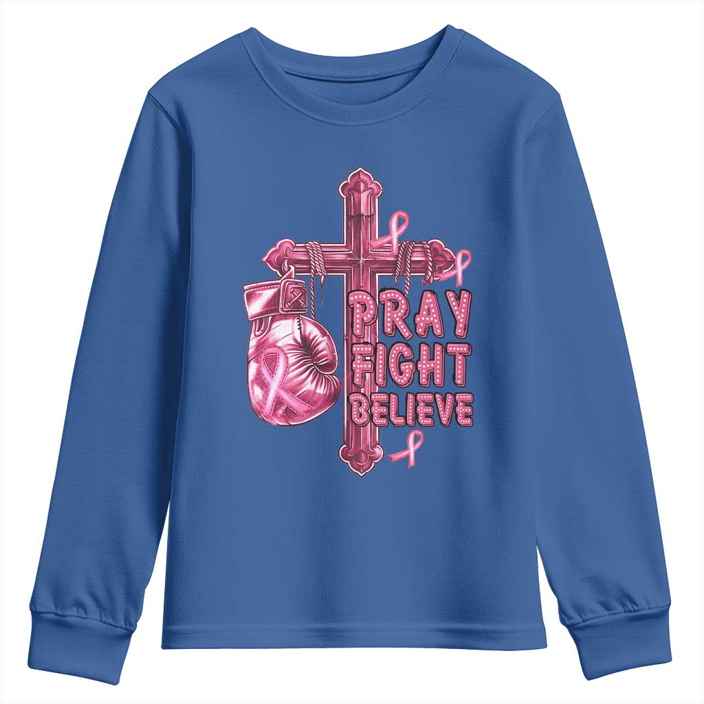 Breast Cancer Support Youth Sweatshirt Pray Fight Believe Boxing Glove Cross Pink Ribbon