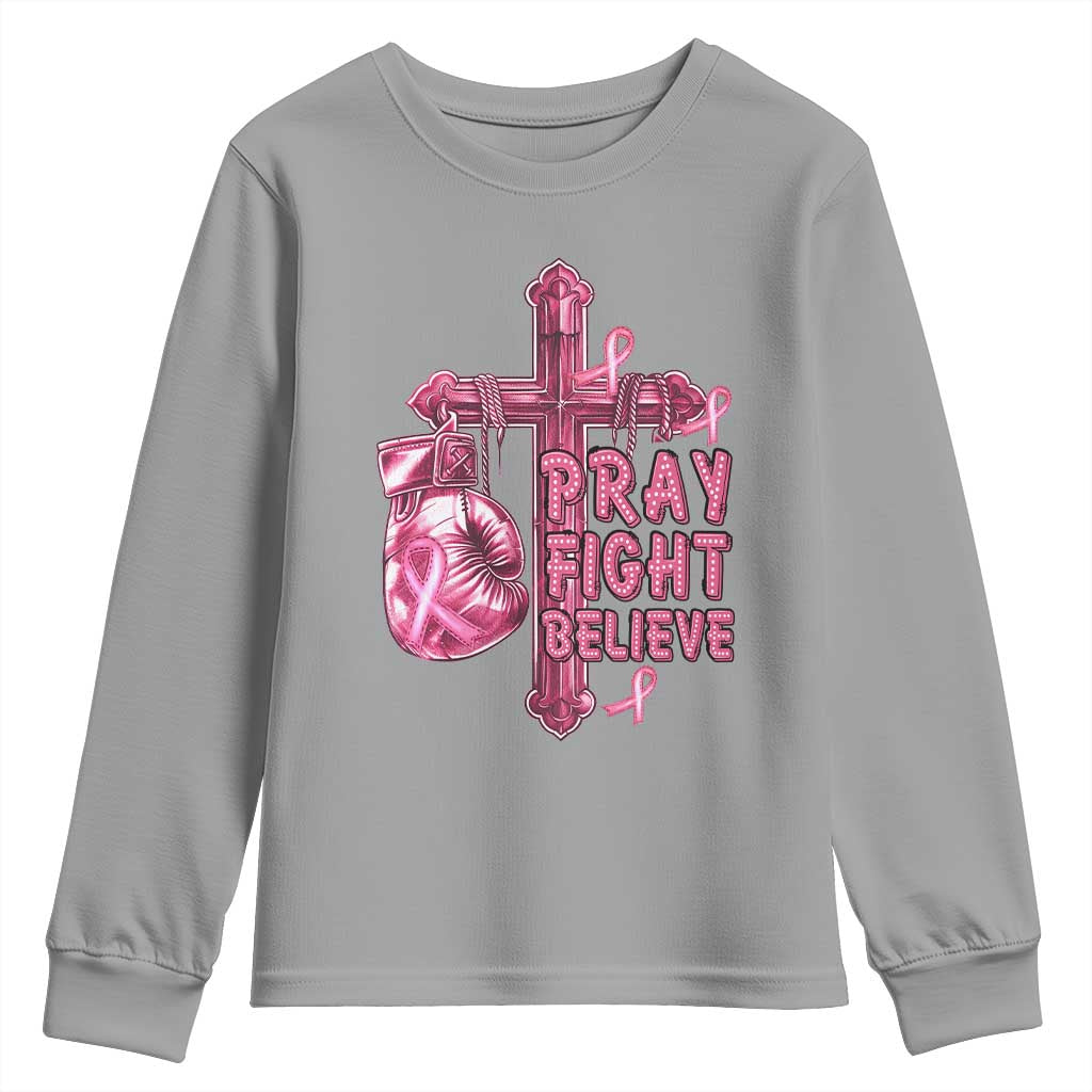 Breast Cancer Support Youth Sweatshirt Pray Fight Believe Boxing Glove Cross Pink Ribbon