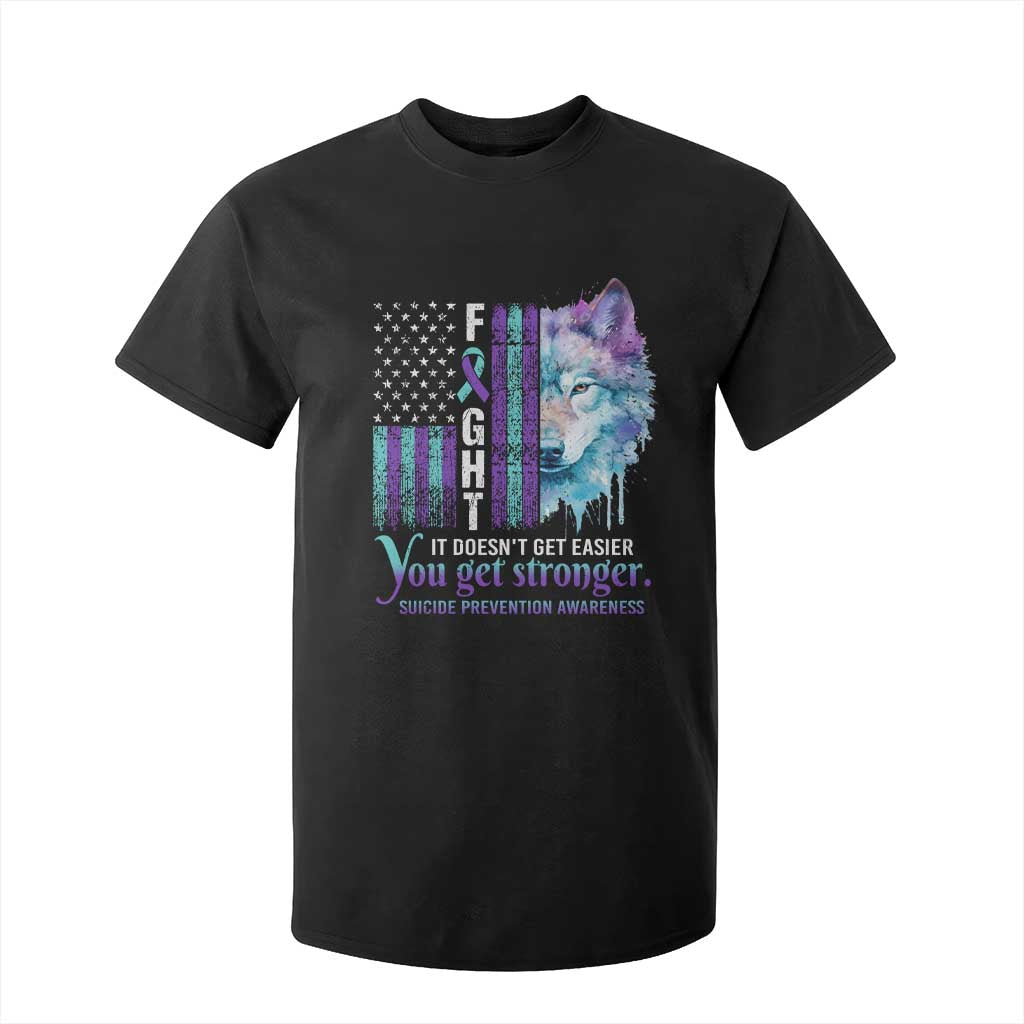 Suicide Prevention Support T Shirt For Kid Fight It Doesn't Get Easier You Get Stronger Wolf American Flag
