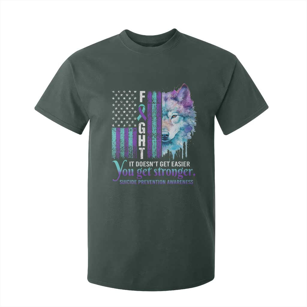 Suicide Prevention Support T Shirt For Kid Fight It Doesn't Get Easier You Get Stronger Wolf American Flag