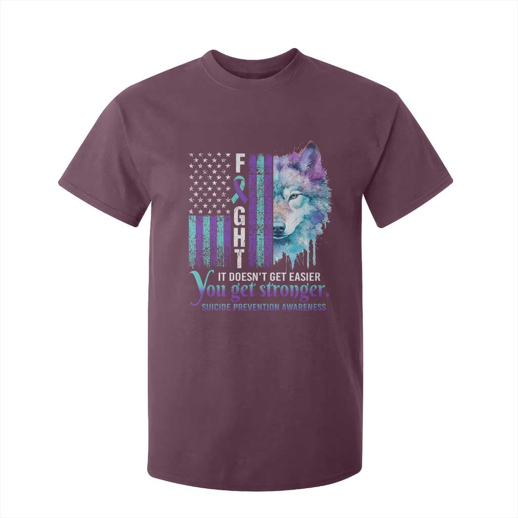 Suicide Prevention Support T Shirt For Kid Fight It Doesn't Get Easier You Get Stronger Wolf American Flag