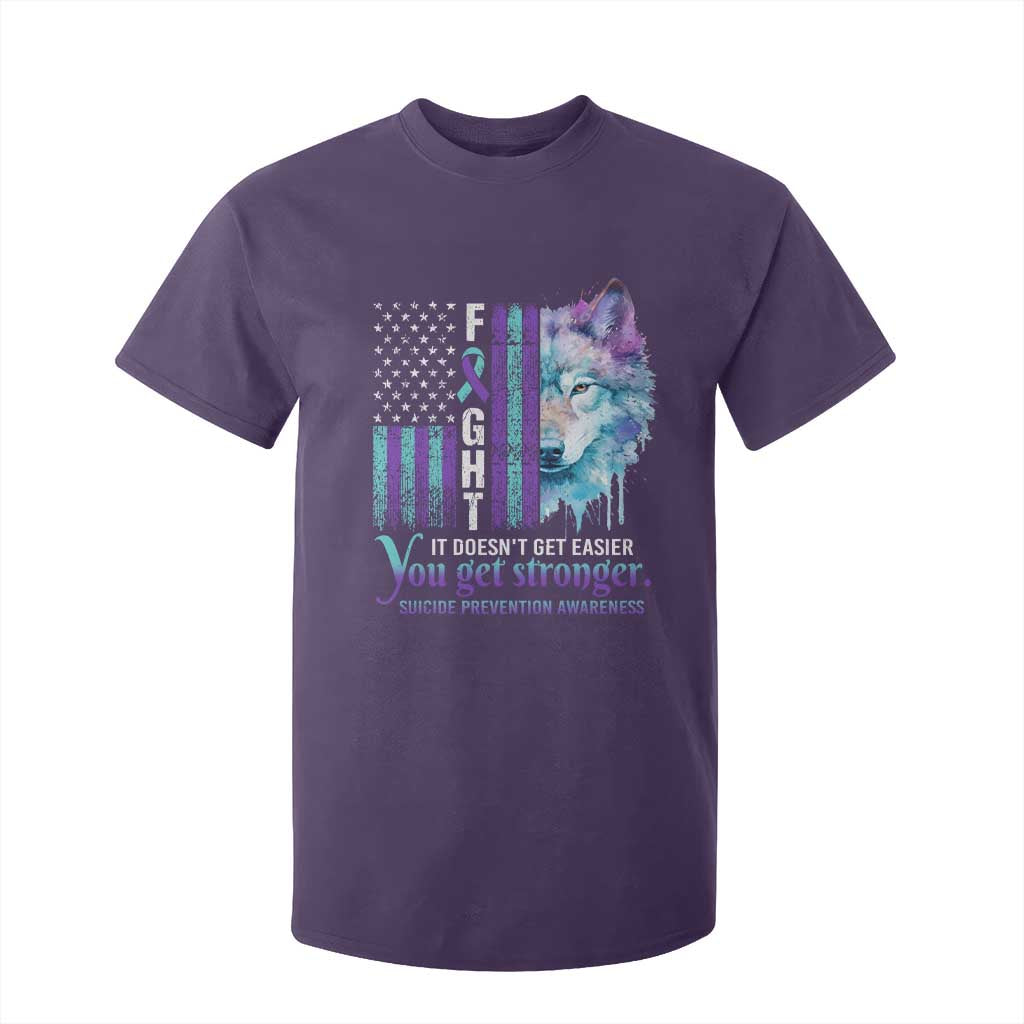 Suicide Prevention Support T Shirt For Kid Fight It Doesn't Get Easier You Get Stronger Wolf American Flag