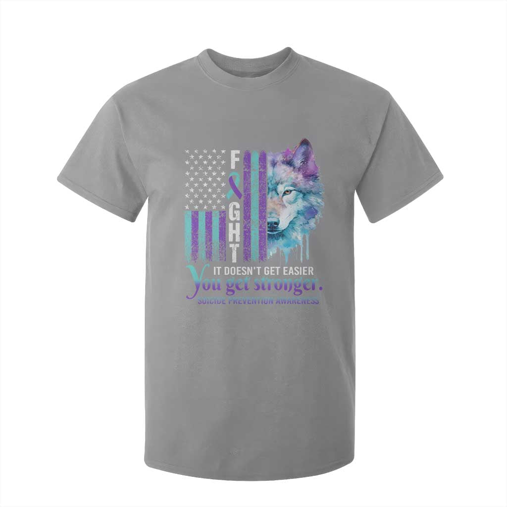 Suicide Prevention Support T Shirt For Kid Fight It Doesn't Get Easier You Get Stronger Wolf American Flag