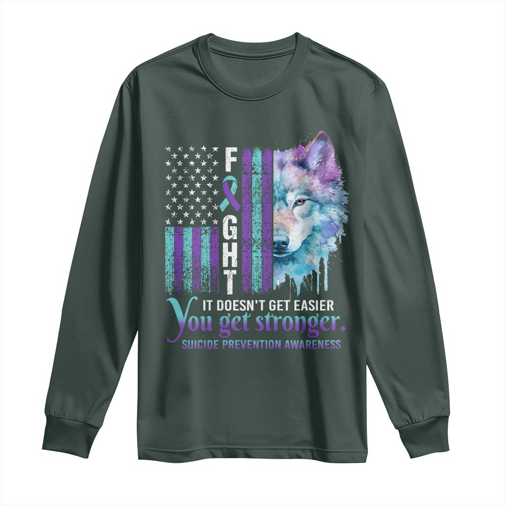 Suicide Prevention Support Long Sleeve Shirt Fight It Doesn't Get Easier You Get Stronger Wolf American Flag