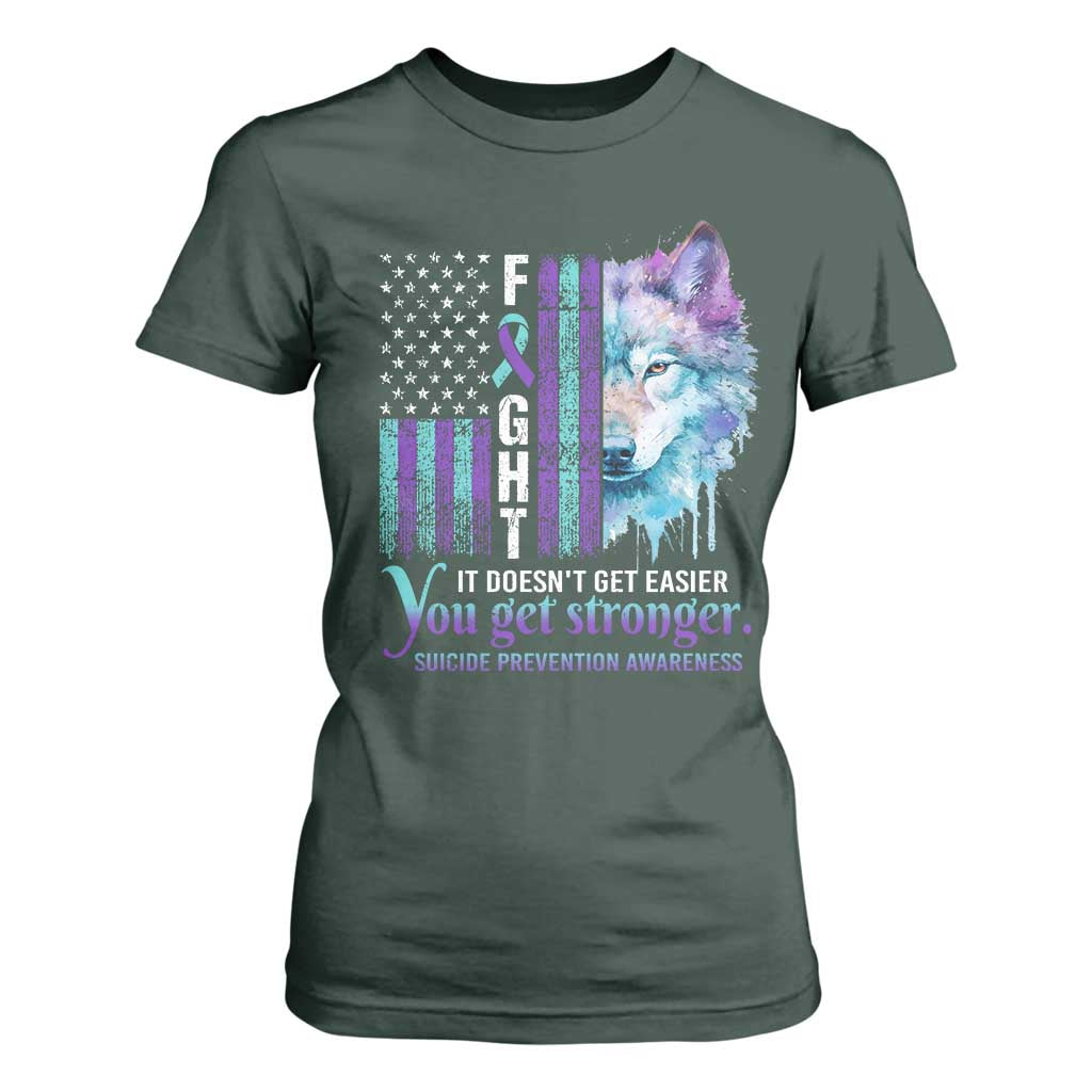 Suicide Prevention Support T Shirt For Women Fight It Doesn't Get Easier You Get Stronger Wolf American Flag