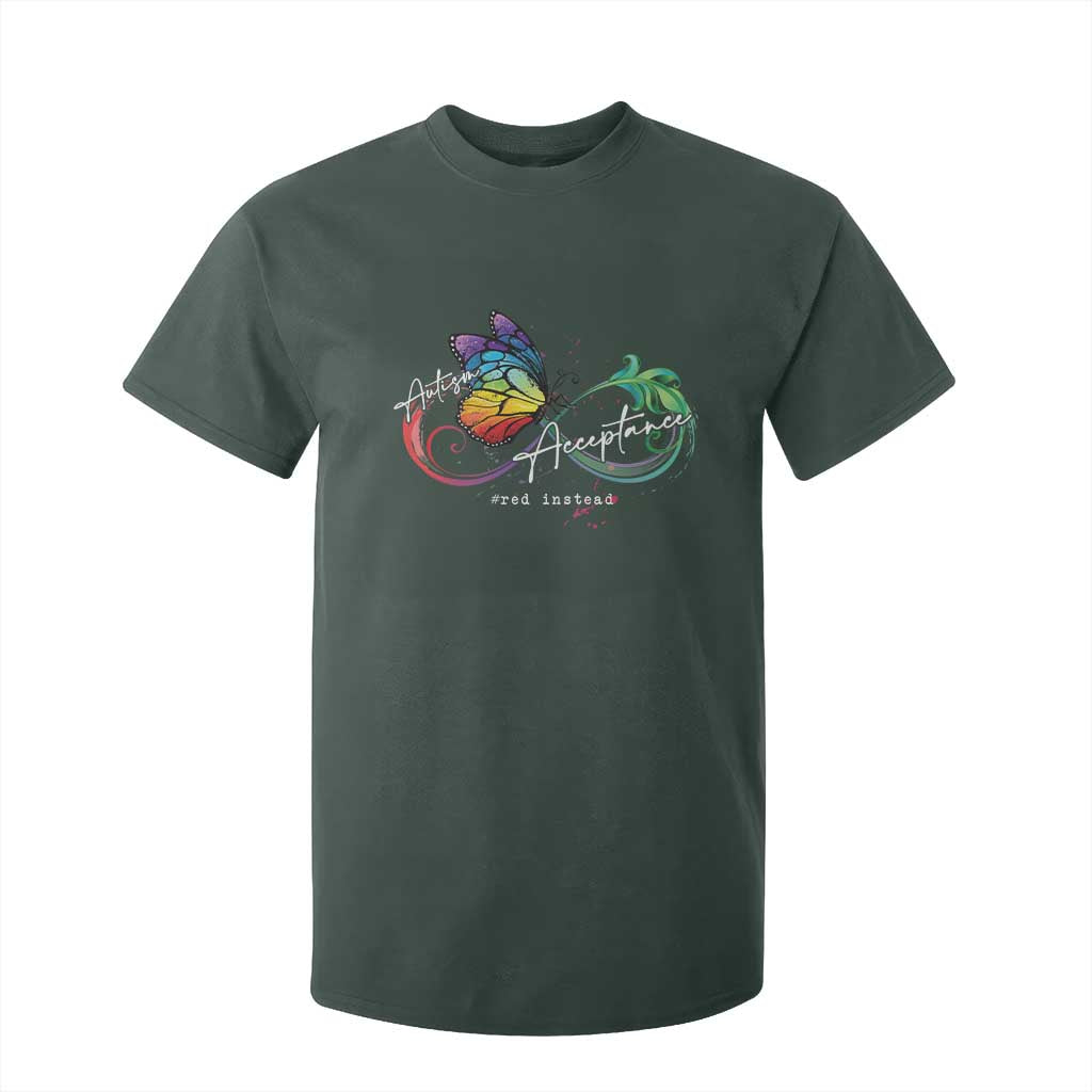 Autism Support Acceptance Red Instead T Shirt For Kid Infinity Symbol Rainbow Butterfly Feather