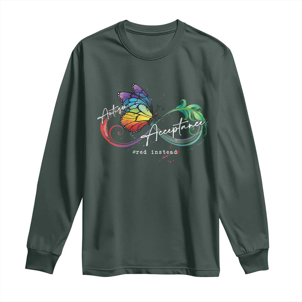 Autism Support Acceptance Red Instead Long Sleeve Shirt Infinity Symbol Rainbow Butterfly Feather