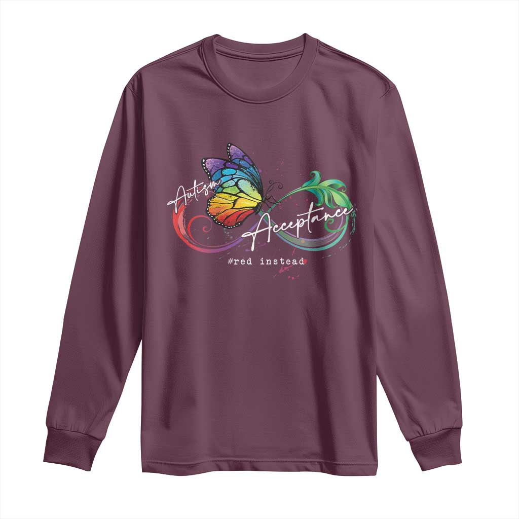 Autism Support Acceptance Red Instead Long Sleeve Shirt Infinity Symbol Rainbow Butterfly Feather