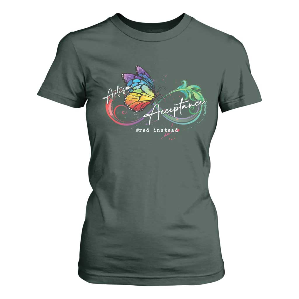 Autism Support Acceptance Red Instead T Shirt For Women Infinity Symbol Rainbow Butterfly Feather