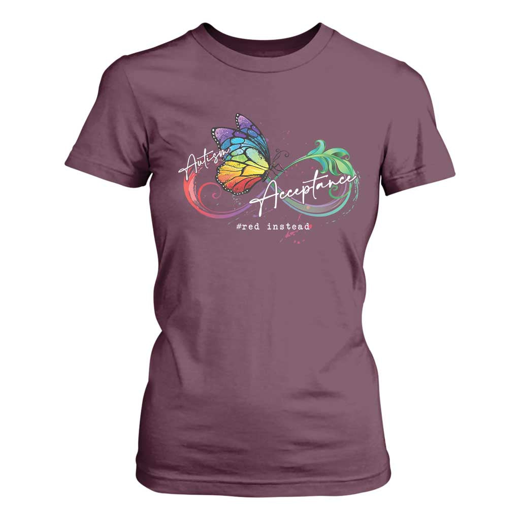 Autism Support Acceptance Red Instead T Shirt For Women Infinity Symbol Rainbow Butterfly Feather