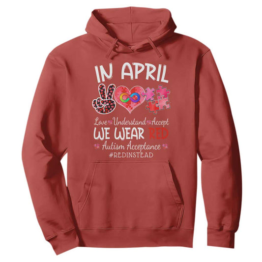 Autism Support Acceptance Red Instead Hoodie In April We Wear Red Peace Love Puzzle