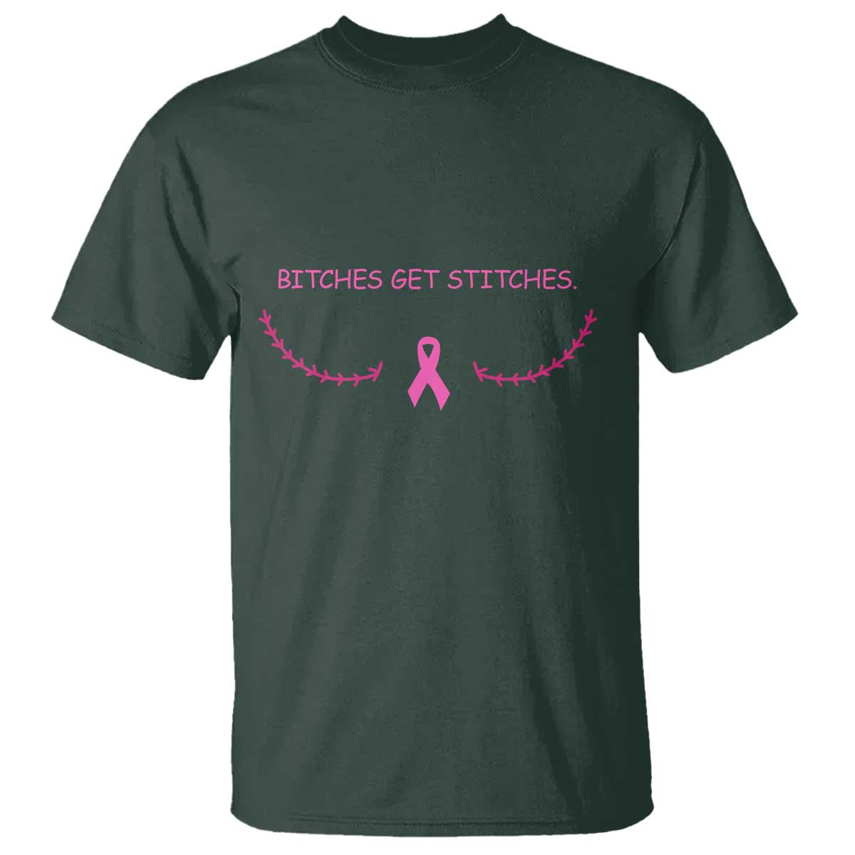 Funny Breast Cancer Support T Shirt Bitches Get Stitches Pink Ribbon
