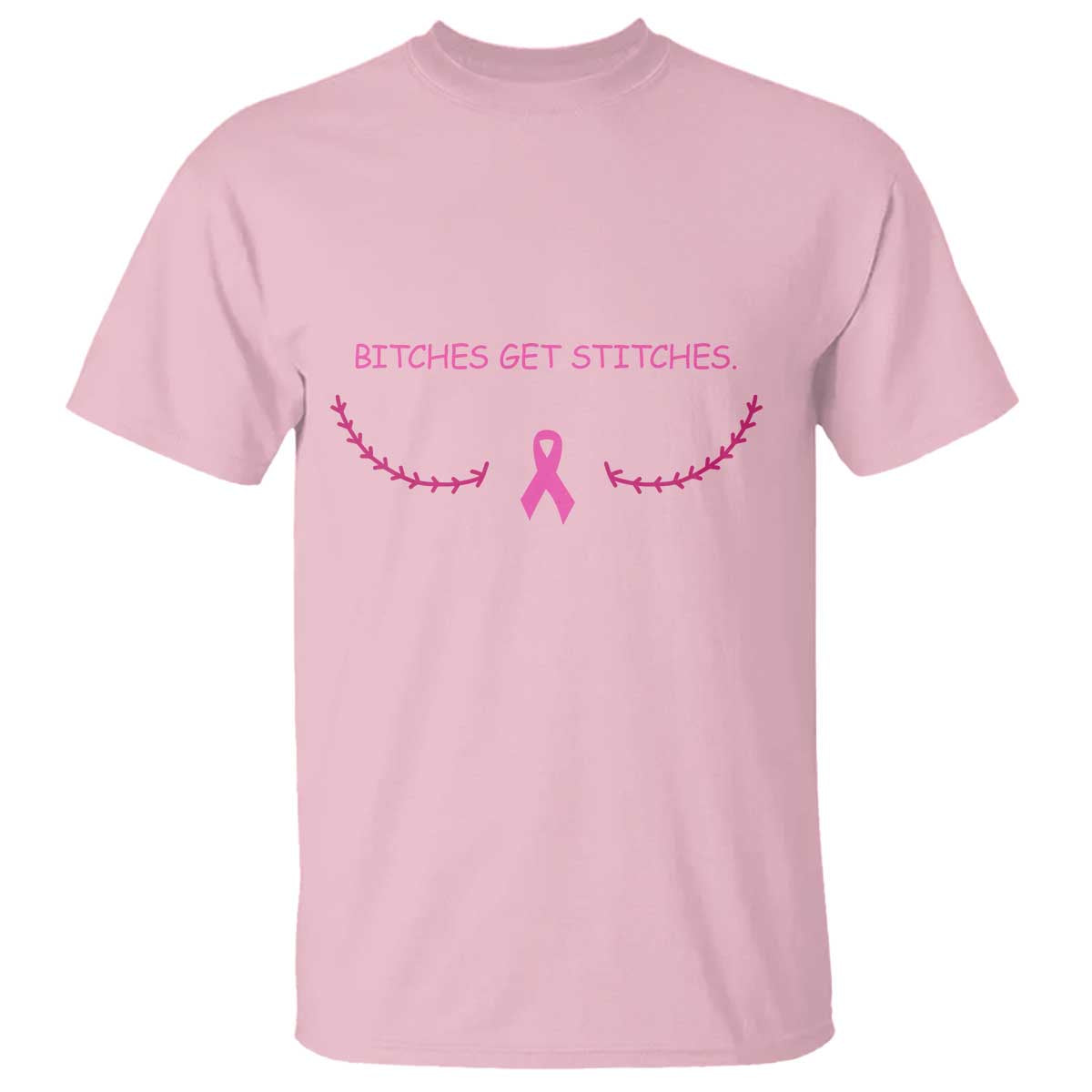 Funny Breast Cancer Support T Shirt Bitches Get Stitches Pink Ribbon