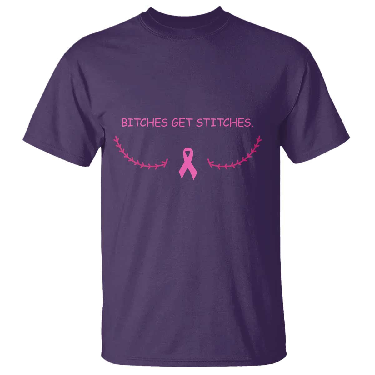 Funny Breast Cancer Support T Shirt Bitches Get Stitches Pink Ribbon