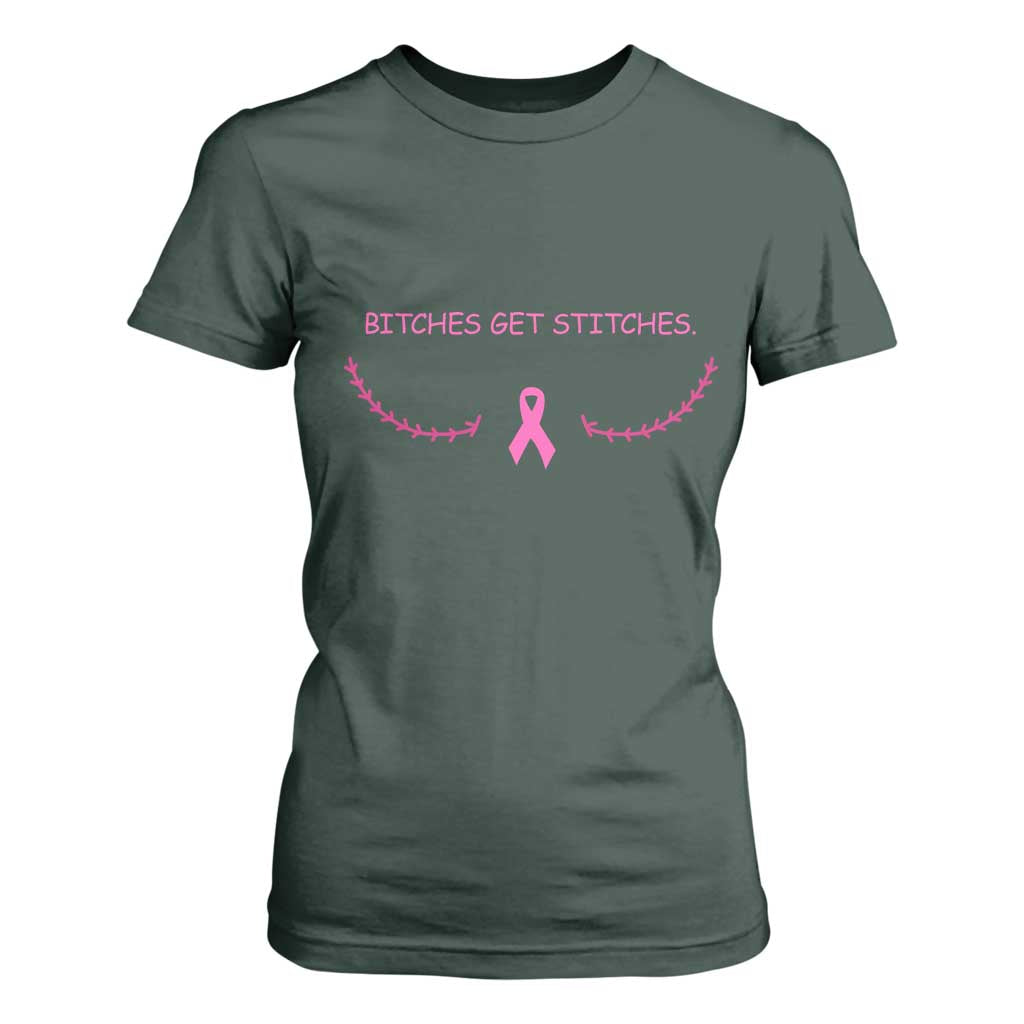 Funny Breast Cancer Support T Shirt For Women Bitches Get Stitches Pink Ribbon