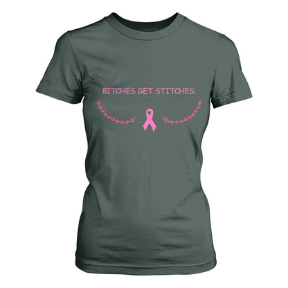 Funny Breast Cancer Support T Shirt For Women Bitches Get Stitches Pink Ribbon