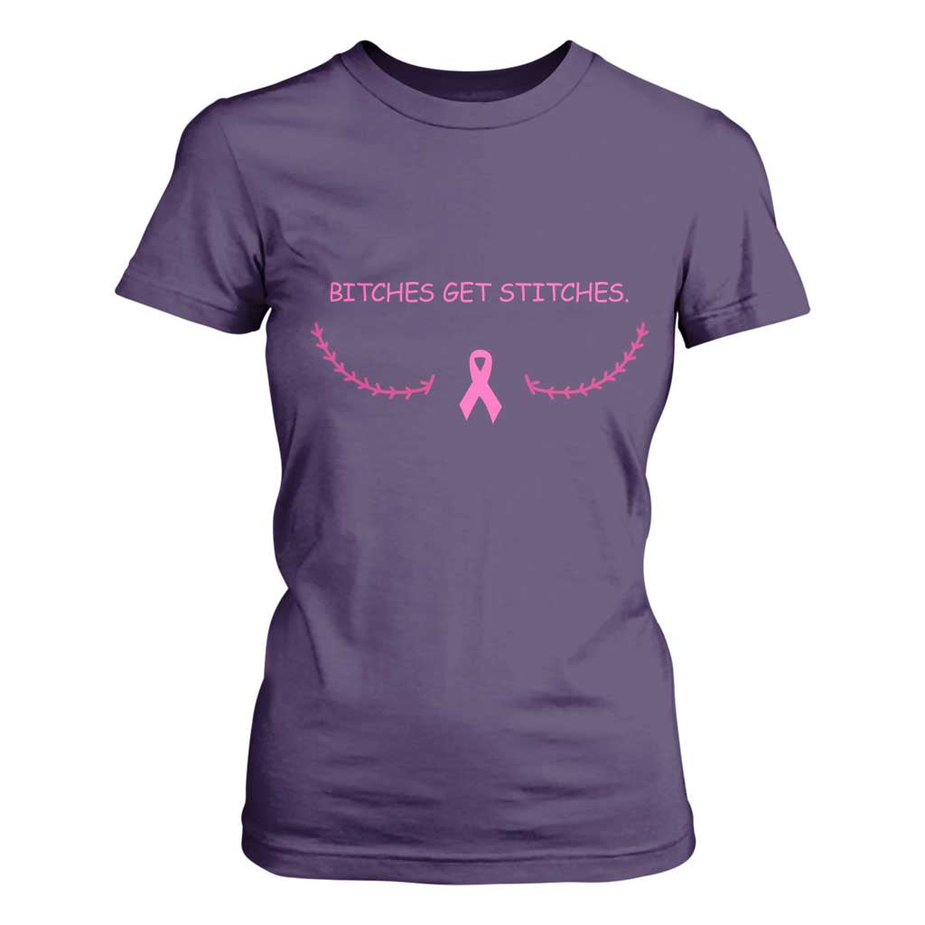 Funny Breast Cancer Support T Shirt For Women Bitches Get Stitches Pink Ribbon