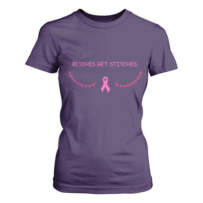 Funny Breast Cancer Support T Shirt For Women Bitches Get Stitches Pink Ribbon