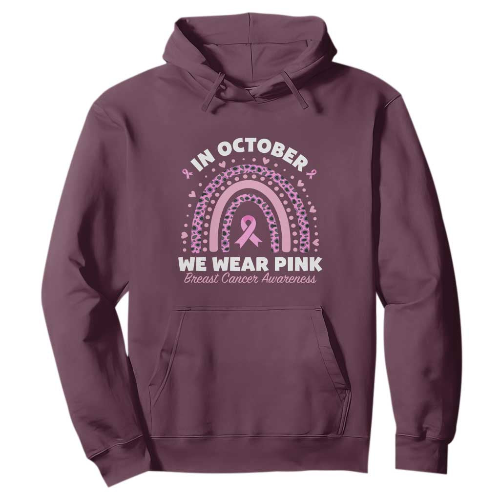 Breast Cancer Support Hoodie In October We Wear Pink Rainbow Heart Ribbon