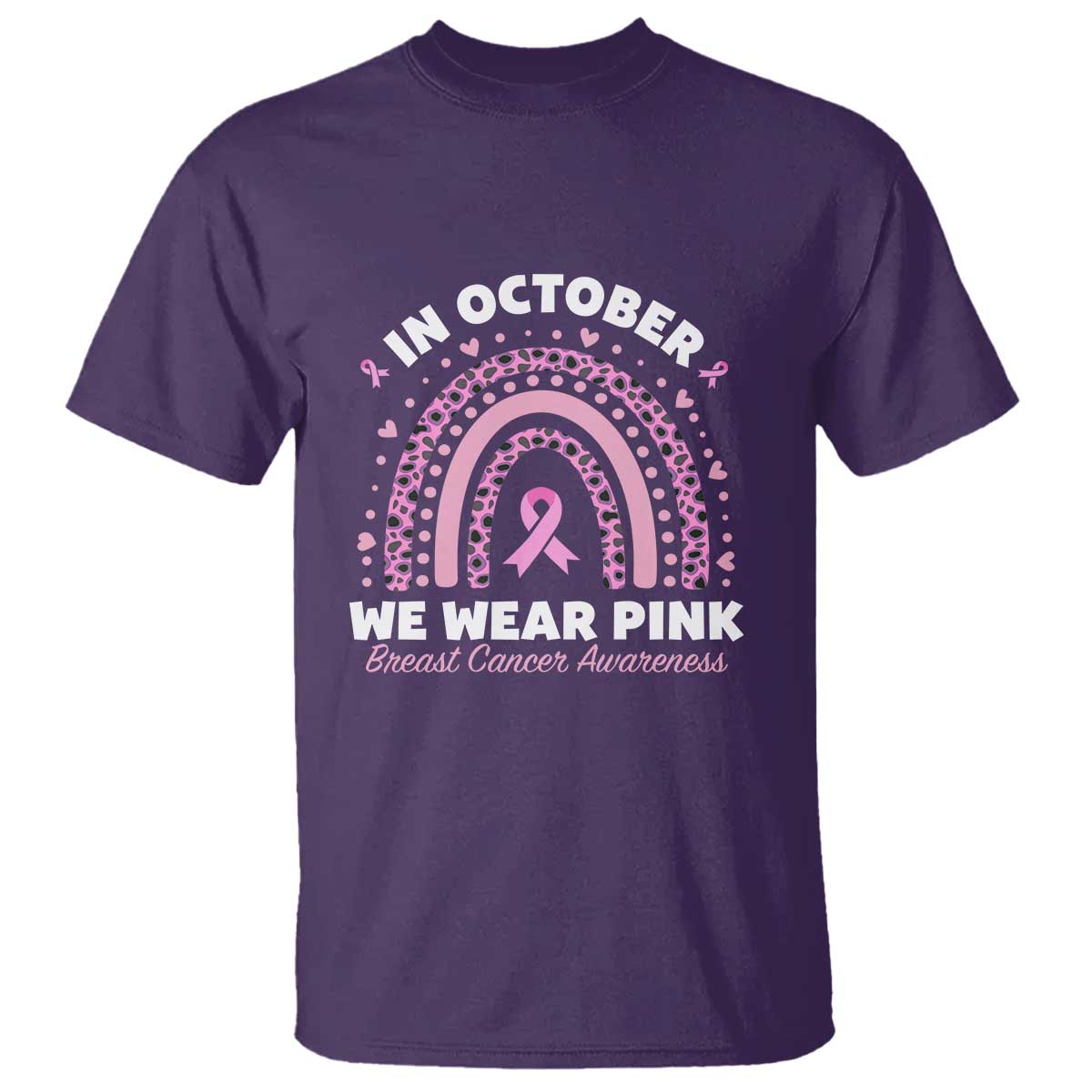 Breast Cancer Support T Shirt In October We Wear Pink Rainbow Heart Ribbon