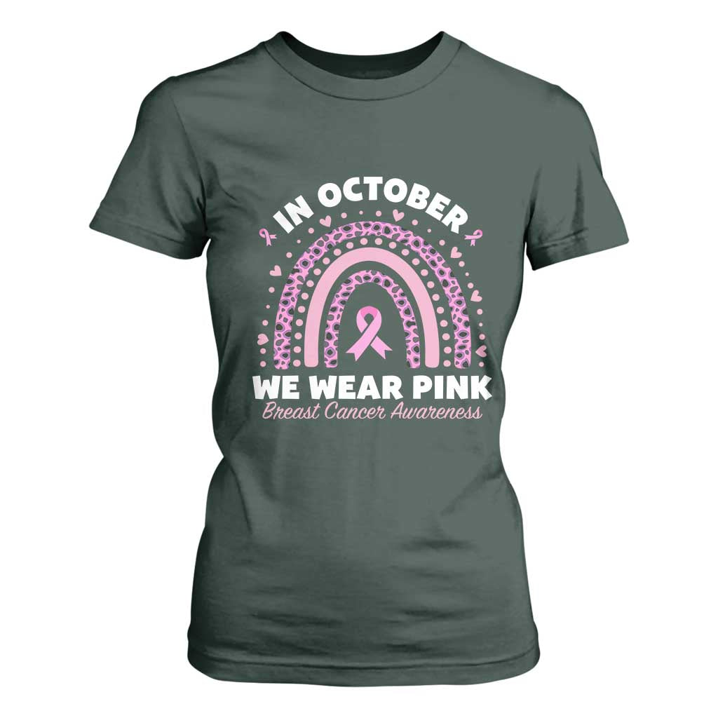 Breast Cancer Support T Shirt For Women In October We Wear Pink Rainbow Heart Ribbon