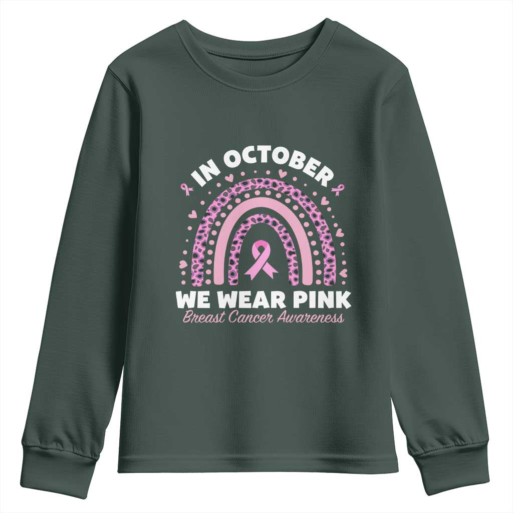 Breast Cancer Support Youth Sweatshirt In October We Wear Pink Rainbow Heart Ribbon
