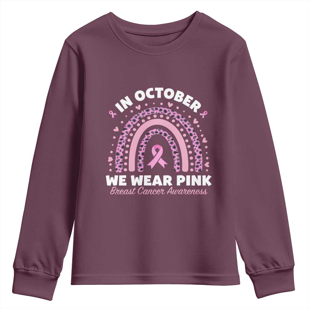 Breast Cancer Support Youth Sweatshirt In October We Wear Pink Rainbow Heart Ribbon