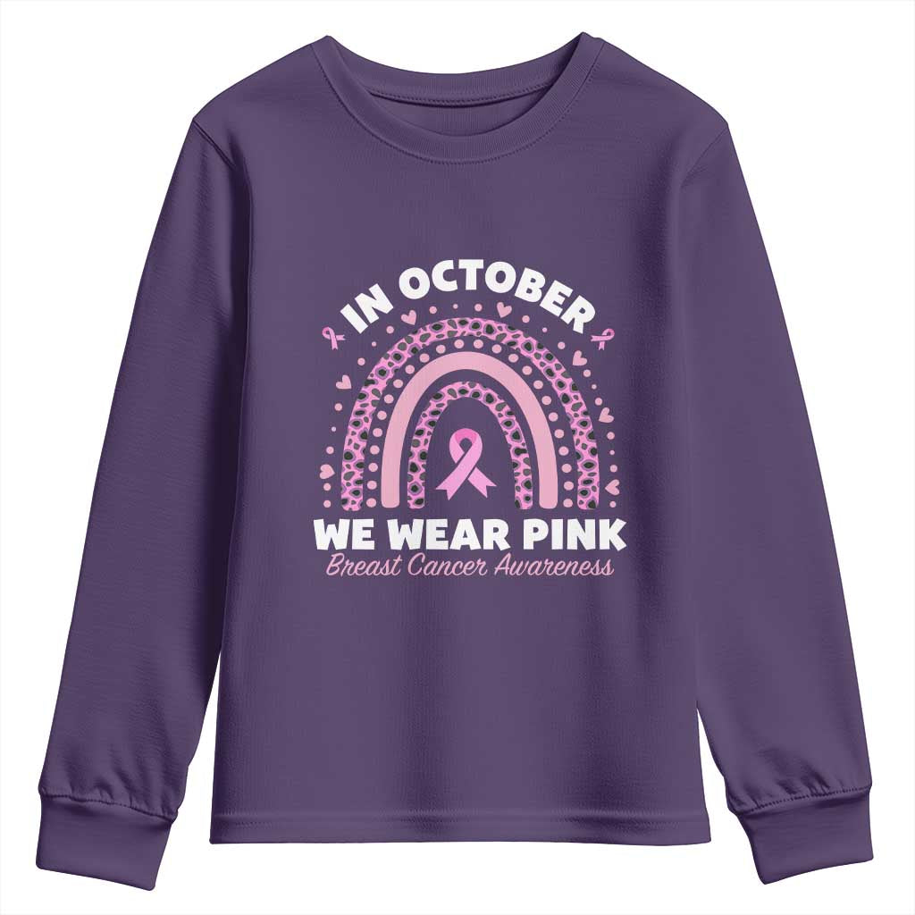 Breast Cancer Support Youth Sweatshirt In October We Wear Pink Rainbow Heart Ribbon