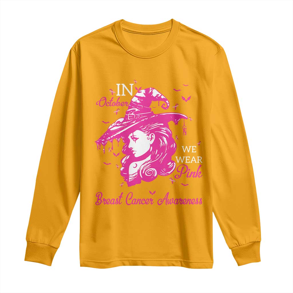 Breast Cancer Support Long Sleeve Shirt In October We Wear Pink Halloween Witch