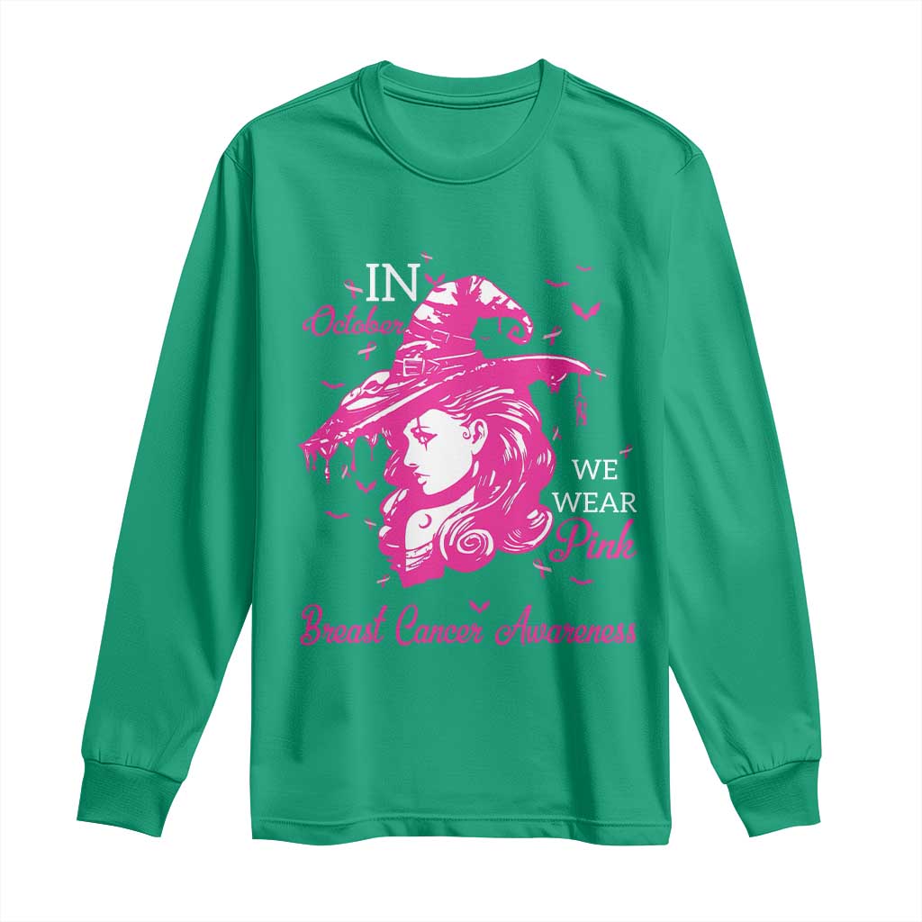 Breast Cancer Support Long Sleeve Shirt In October We Wear Pink Halloween Witch