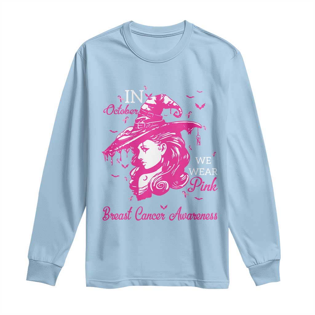 Breast Cancer Support Long Sleeve Shirt In October We Wear Pink Halloween Witch