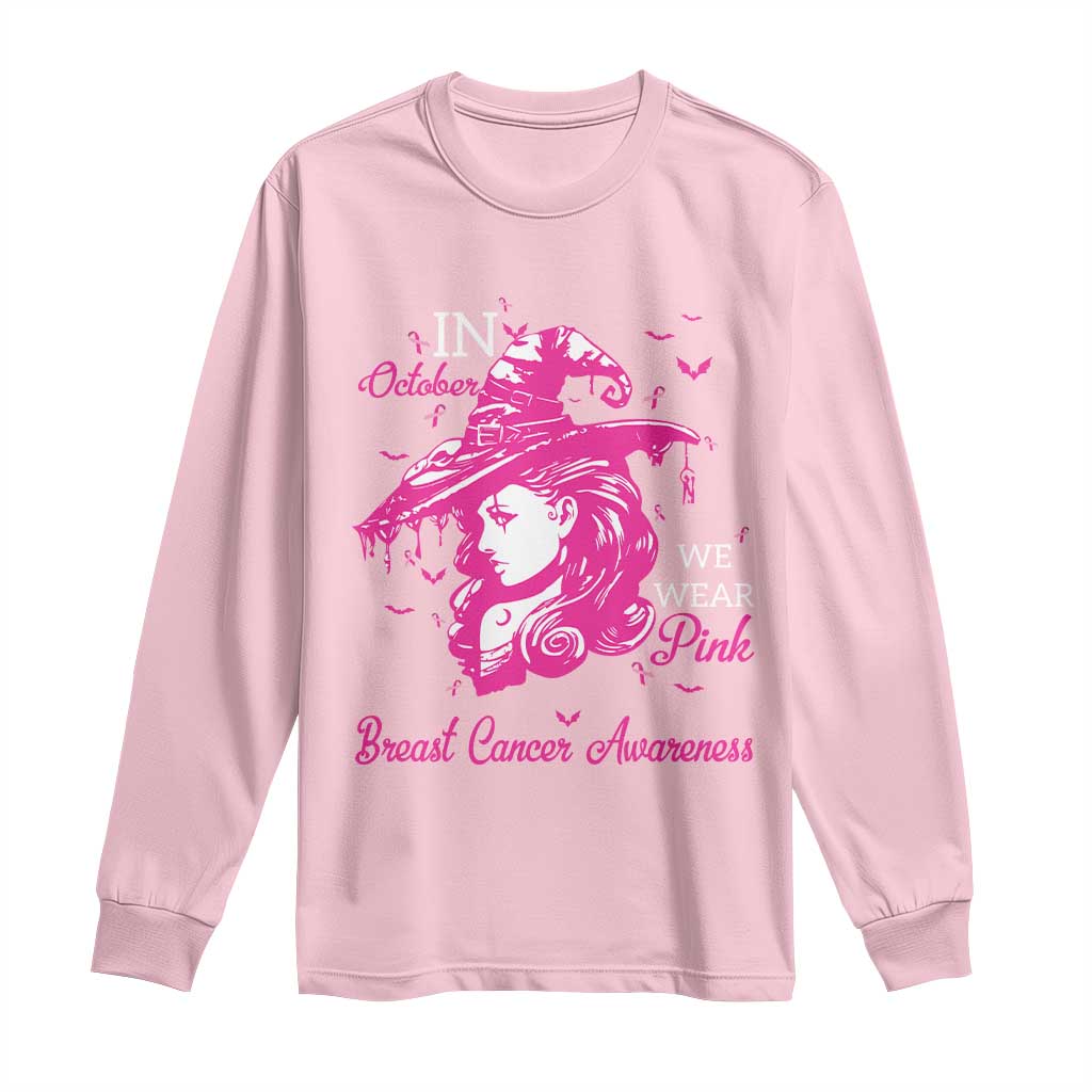 Breast Cancer Support Long Sleeve Shirt In October We Wear Pink Halloween Witch