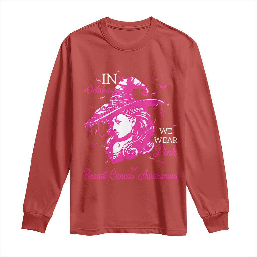 Breast Cancer Support Long Sleeve Shirt In October We Wear Pink Halloween Witch