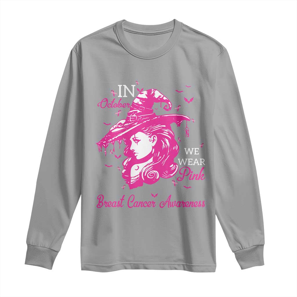 Breast Cancer Support Long Sleeve Shirt In October We Wear Pink Halloween Witch